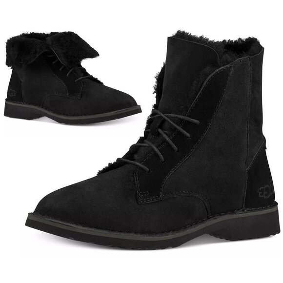 UGG QUINCY Black Suede Shearling Water Repellant Lace Up Booties Women's 7 - Picture 1 of 10